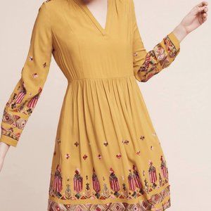 Anthropologie Floreat Embroidered Yellow/Gold Flowy Dress Size XS